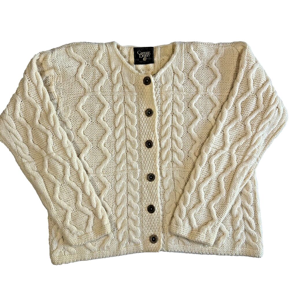 Carraig Donn Sweater Ivory Cableknit Fisherman Cardigan Aran Irish Wool M Medium